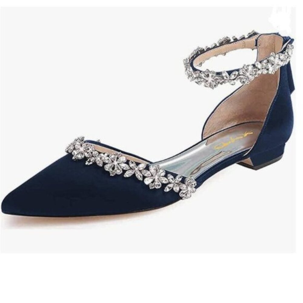 XYD Navy Pointed Toe D'Orsay Sparkly Rhinestones Ankle Strap Wedding Sandals
